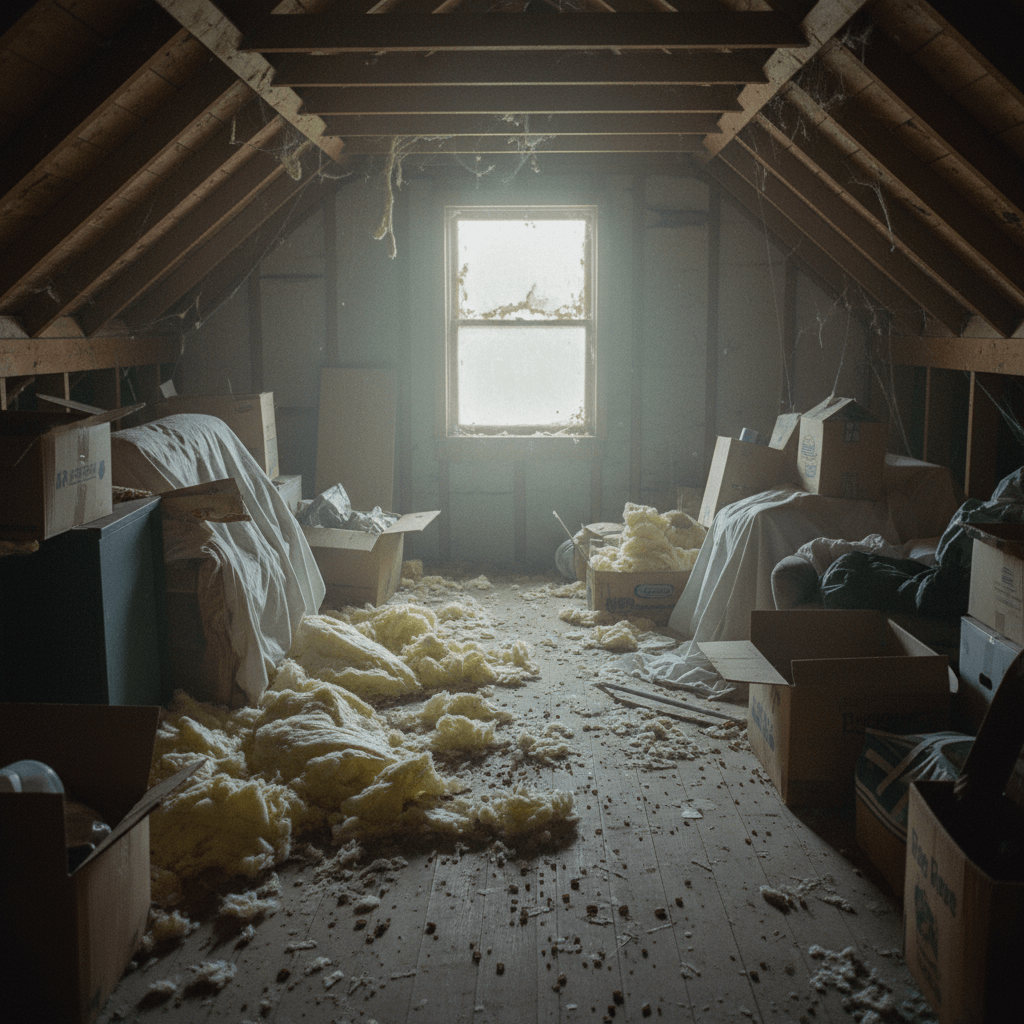 Durch Nager beschädigtes Dämmmaterial auf dem Dachboden